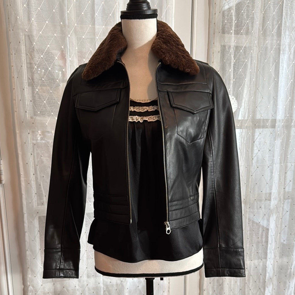 Sandro Black Leather Jacket with detachable Fur Collar